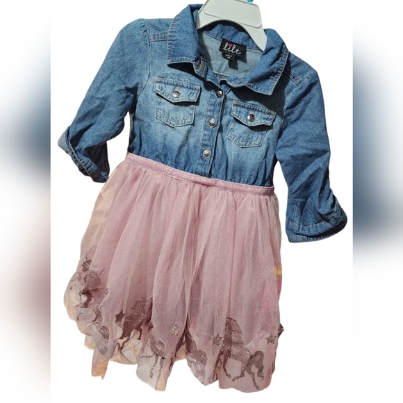 lilt Other - lilt Jean & Tulle Glitter Unicorn Dress, 2T
